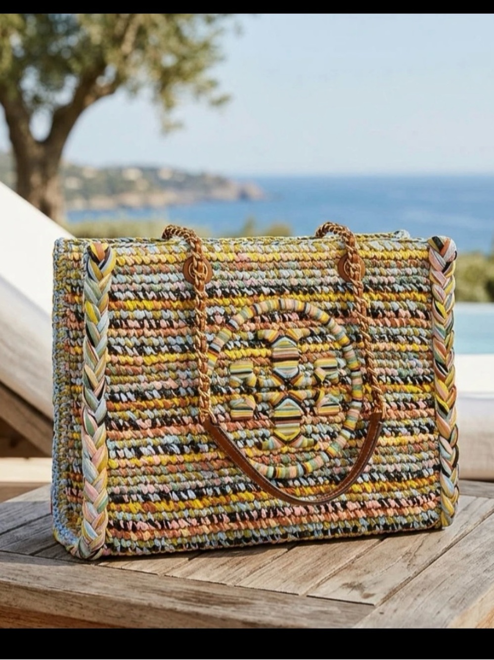 Tory Burch Ella Raffia Melange Multicolor Small Chain Tote